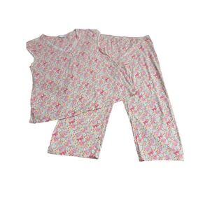 Miss Elaine Pajama Set Women Large Multicolor Floral Lace Trim Knit Sleepwear D8